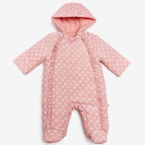 NWOT Tiny Kind Corduroy Bunting Suit in Pink Indian Block print. Puffer onesie